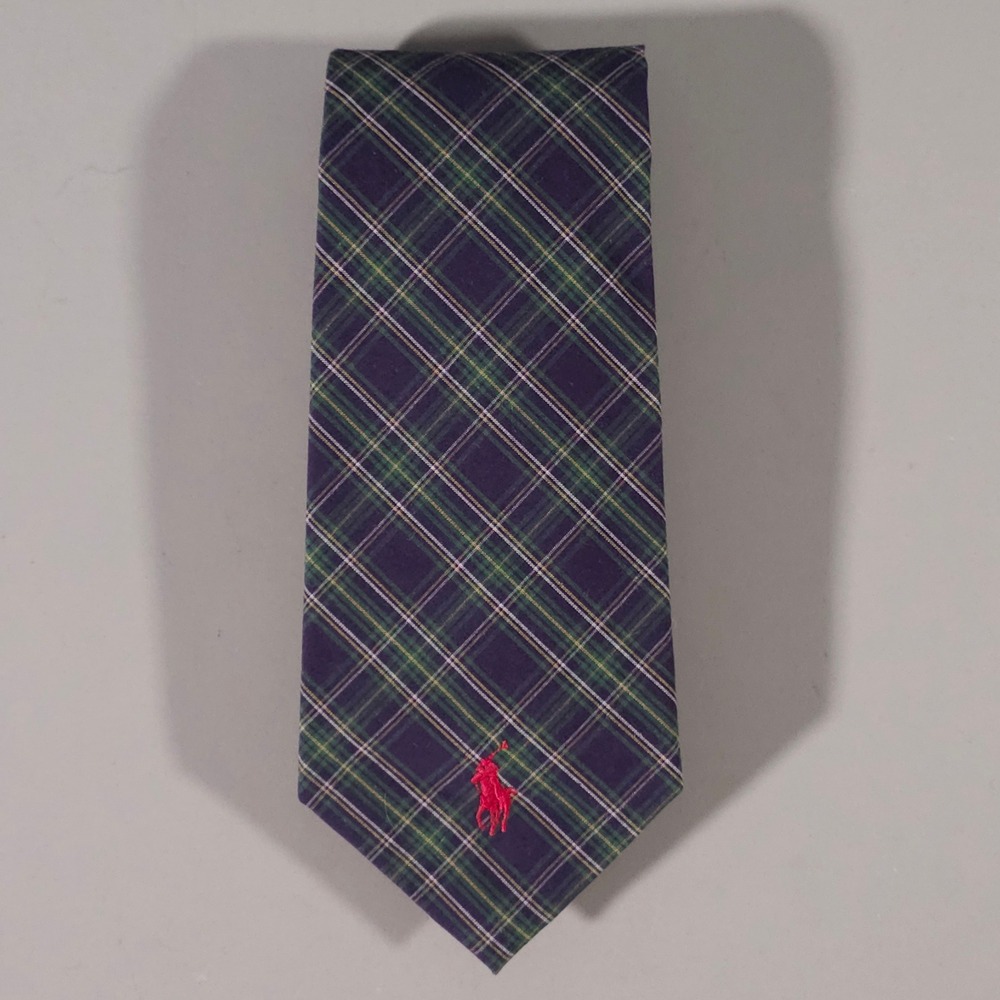 Polo Ralph Lauren Necktie Mens OS Purple Plaid Cotton Pony Logo Hand Made